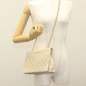 CHANEL Matelasse Chain Shoulder Bag Lamb Skin Ivory Gold CC Auth
